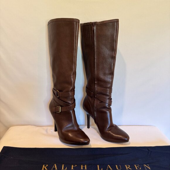 RALPH LAUREN LAVEDA BROWN LEATHER KNEE-HIGH BOOTS - Picture 2 of 11